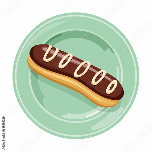 Cartoon Style Chocolate Eclair Pastry on a Plate Food Illustration