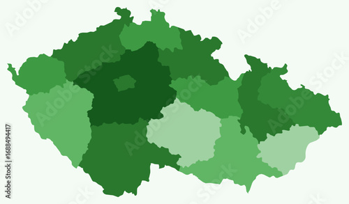 Map of Czechia with regions. Just a simple country border map with region division. Green color palette. Plain Czechia shape with administrative division. Vector illustration.