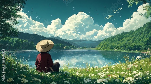 A person wearing a hat sitting by a lake surrounded by grass and flowers on a sunny day with clouds