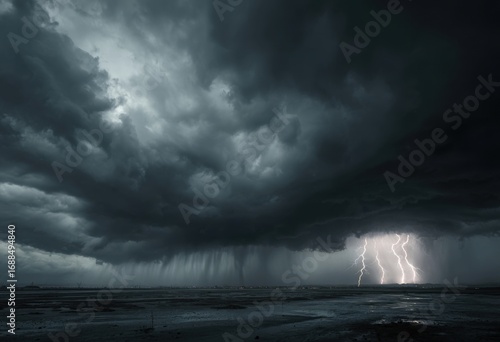 Massive storm clouds, lightning, and rain