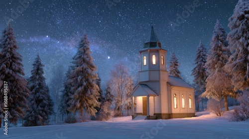 Wallpaper Mural Serene Winter Night at a Snow-Covered Church with Starry Sky and Milky Way Torontodigital.ca