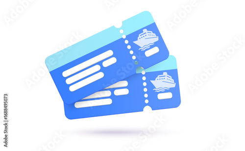 3d couple of cruise ship tickets in blue tones, symbolizing sea travel, vacation, tourism, and ocean voyages. Sea travel boat ticket icon in 3d vector illustration. Vector illustration