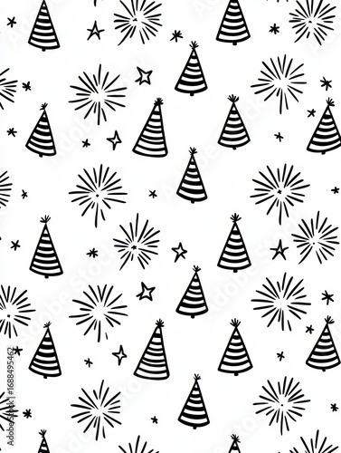 Festive Party Hat and Firework Seamless Pattern