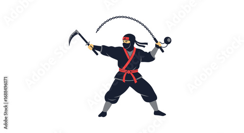 A Japanese ninja warrior in a black suit and red belt wielding a traditional kusarigama weapon.