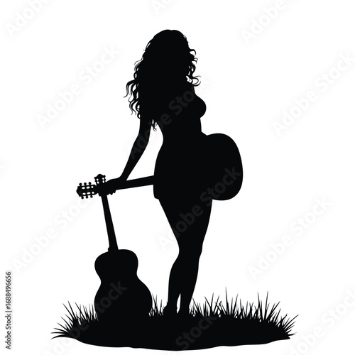 Silhouette of a woman with long curly hair holding an acoustic guitar