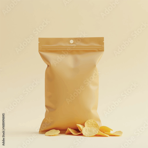 3D Chips, snacks packing bag mockups, Mockup Blank Foil Food Stand Up Pouch Snack Sachet Bag Packaging. Illustration Isolated On White Background.Potato chips packaging design Reaalistic 3d icon