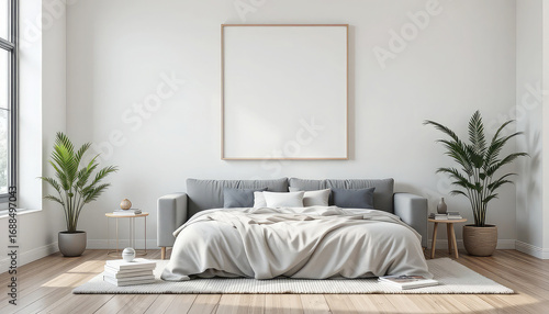 Bedroom interior with bed plants framed art and neutral color palette in natural light
