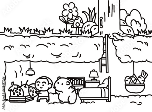 A boy playing in a mole house
