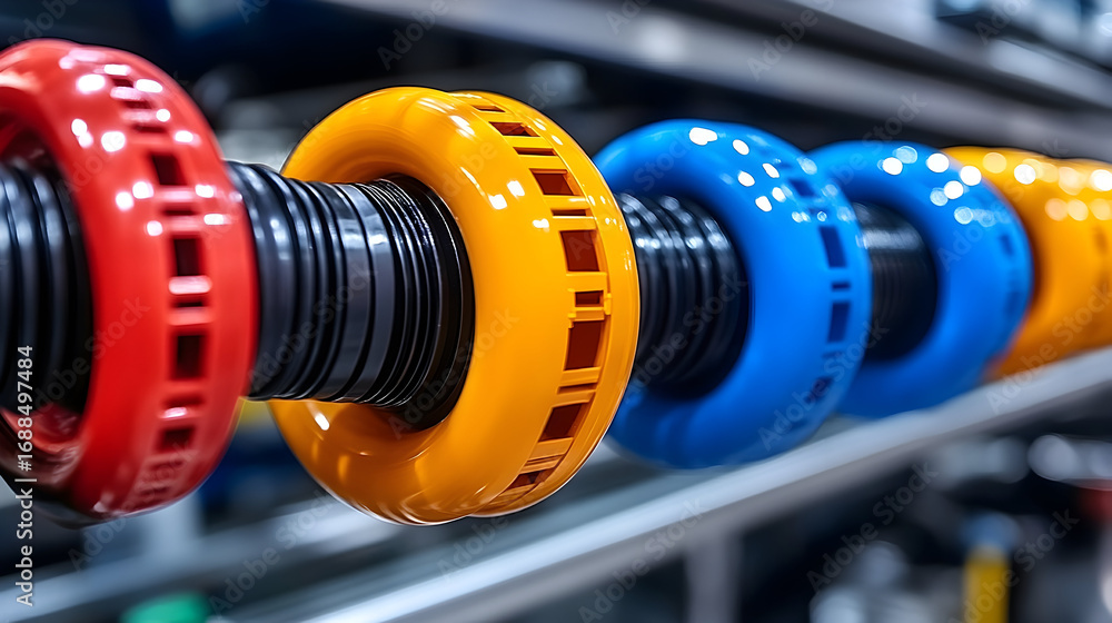 Obraz premium Colorful Industrial Rollers: Red, Yellow, and Blue with Black Co
