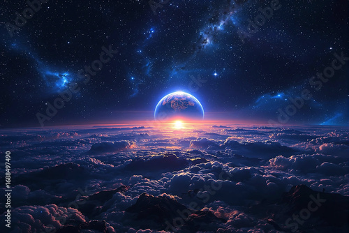 Earth rising over cloudscape with stars and nebulae in a deep space night sky planet