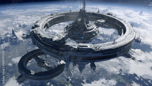 Fototapeta Naklejka Na Ścianę i Meble -  Orbital space station above a cloudy planet