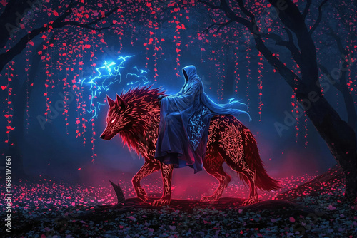 Hooded Figure Riding Glowing Wolf in Forest with Lightning and Red Foliage Illustration
