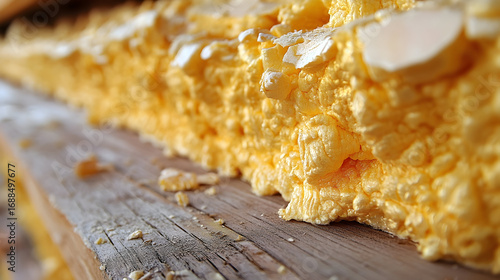 Close-up of Yellow Expanding Foam on Weathered Wood Surface with