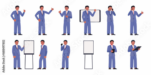 Business man poses collection with presentation boards and technology devices