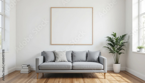 Living room interior with gray sofa blank picture frame and potted plant on wooden floor