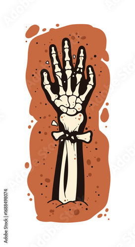 A skeleton hand emerges from the earth revealing ancient secrets of the dead