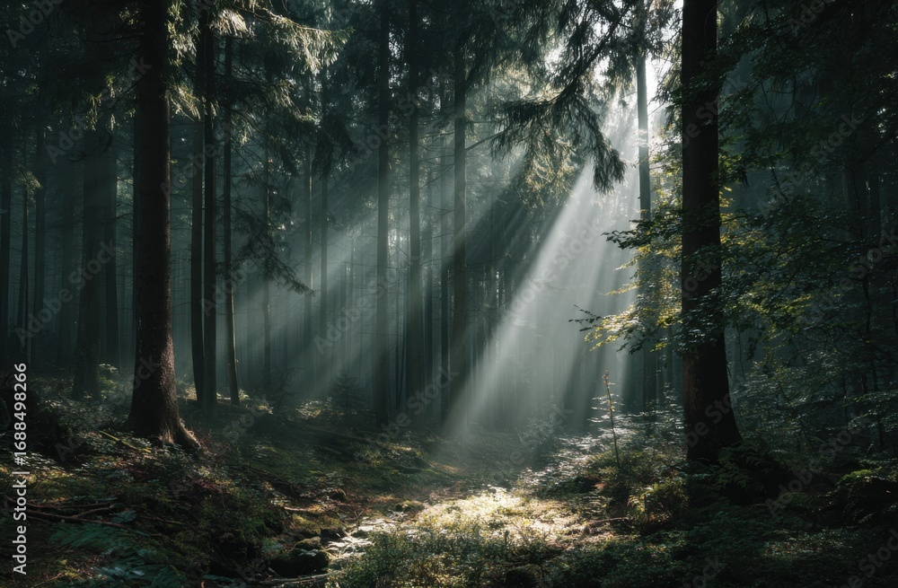 Obraz premium Sunlight piercing a misty forest