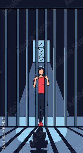 Person locked inside a dark cell behind metal bars with shadow on floor