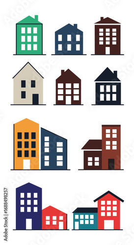 Collection of modern minimalist house building graphics and architecture design elements for real estate business