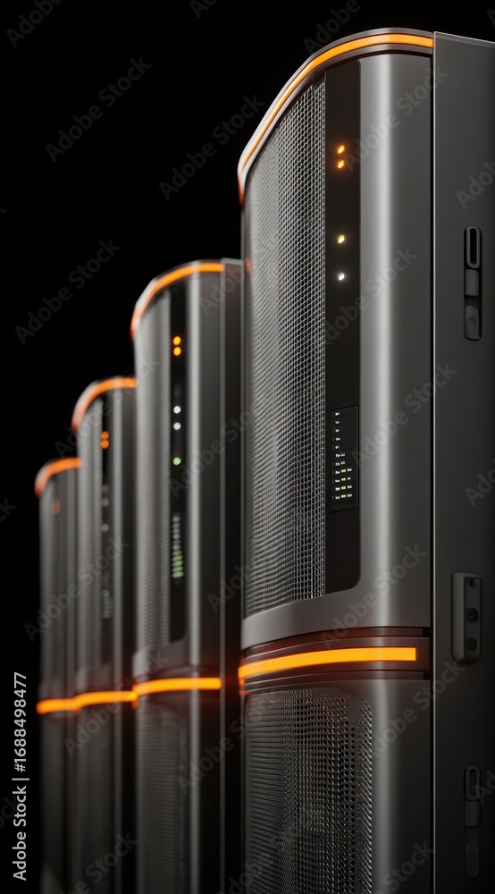 Obraz premium Row of sleek, modern servers, gray with orange accents, fades into dark background. Focus on details and glowing lights creates a tech ambiance