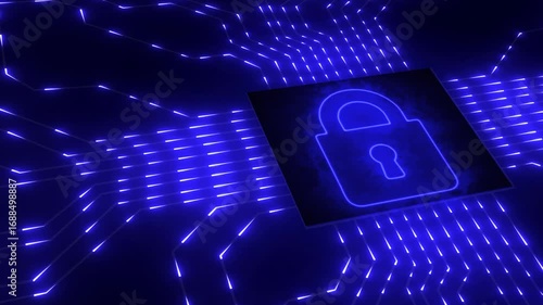 Futuristic Microchip, Neon Animation, Lock Symbol, Cybersecurity, Data Protection, Digital Technology, Threat Detection