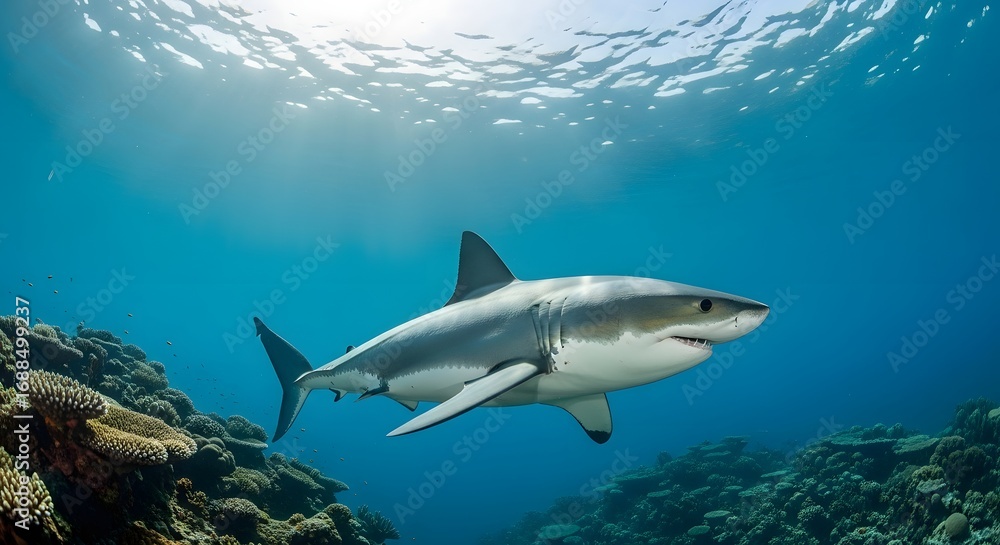 Fototapeta premium A powerful great white shark swims gracefully through sunlit blue ocean waters above a vibrant coral reef.