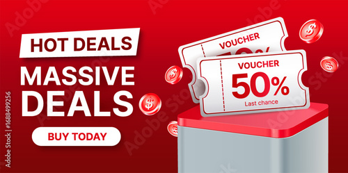 Red Hot Deal promotional banner with discount vouchers up to 50% off, ideal for sales, marketing campaigns, and e-commerce promotions. 3d gift voucher banner template in vector illustration. Vector