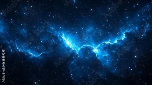 A celestial expanse featuring a vibrant blue nebula and countless stars scattered across the cosmos