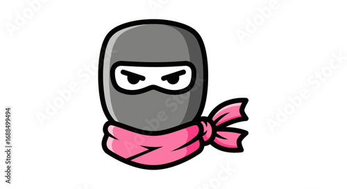 A cartoon ninja head mascot with angry eyes and a pink scarf.
