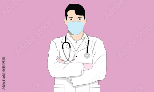 Young masker doctor with stethoscope, medical specialist Medicine concept. 2d vector people character illustration. Cartoon minimal style.