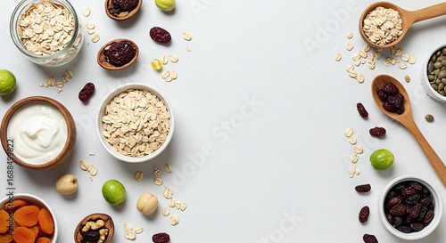 Wallpaper Mural Healthy breakfast ingredients including oats, yogurt, dried fruits, nuts, and seeds arranged on a white background Torontodigital.ca