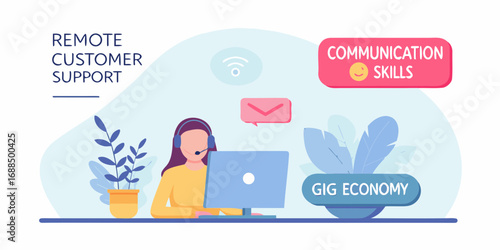 Remote customer support agent with headset working on computer with communication skills and gig economy concepts