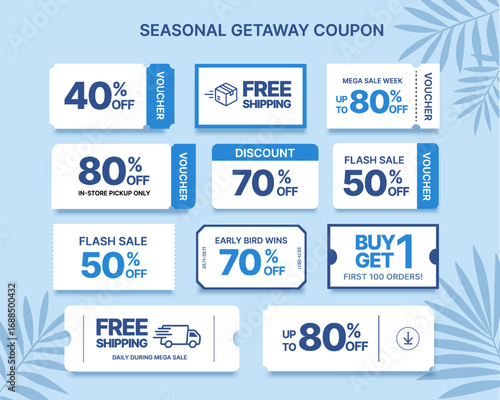 Collection of season coupon and sale labels, with coupon code, percent price off, free shipping icon badge, isolated on background. Sale badge, discount voucher icon collection in vector illustration
