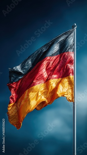 German flag proudly waving against a dramatic sky backdrop with vibrant colors during day