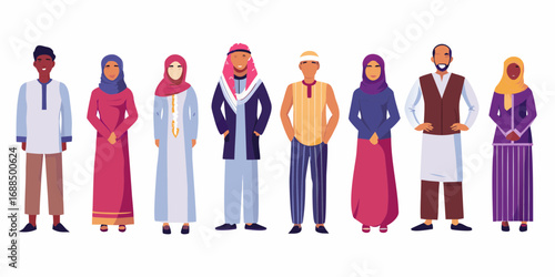 Diverse group of men and women in traditional islamic clothing standing together