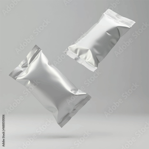 Multiple 3D Sachet packing pouch mockups in air focus on one,3D pouches,packing pouches,realistic pouches mockups,without label,chips pouches,bags,food pouches,product pouches,white background, silver