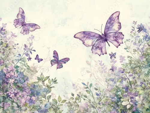 Fototapeta Naklejka Na Ścianę i Meble -  A whimsical and magical illustration of butterflies fluttering among purple flowers in an enchanted, glowing garden. A dreamy and romantic background for a wedding, fantasy, or spring theme.