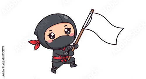 Adorable Cartoon Ninja Holding a White Flag of Surrender.