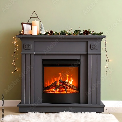 Gray electric fireplace with holiday decorations
