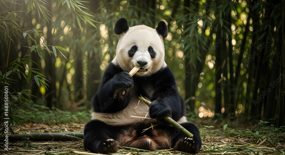 Obraz premium A giant panda sits in a sunlit bamboo forest, peacefully eating a stalk of bamboo.
