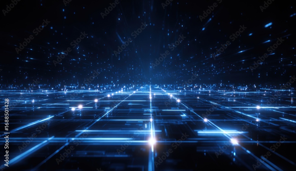 Obraz premium Futuristic cityscape of glowing blue lines and points. A digital network stretches into the distance