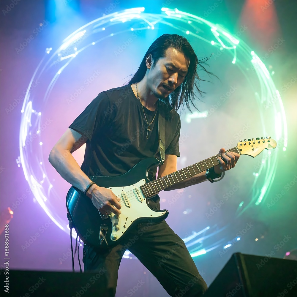 Obraz premium A guitarist performing on stage with vibrant lighting effects