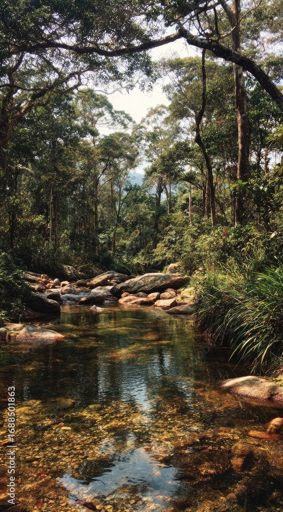 Fototapeta premium A serene vertical landscape showcases a gentle stream winding through a lush, dense forest canopy overhead. Sunlight filters through the leaves, creating dappled light
