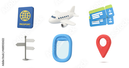 Vector illustration set of 3d travel icons including a passport, airplane, flight tickets, direction sign, airplane window, and location pin, symbolizing tourism, vacation, and navigation. Vector