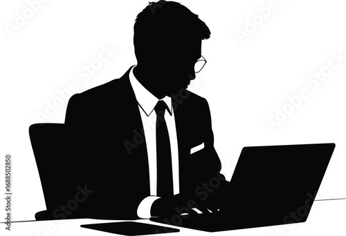 Man in suit working on laptop silhouette glasses