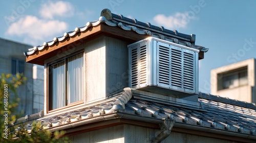 Wallpaper Mural Detailed View of a Residential Rooftop with a Bright Silver Ventilation Unit and Traditional Japanese Roof Tiles Under a Sunny Sky, Architectural Concept Torontodigital.ca