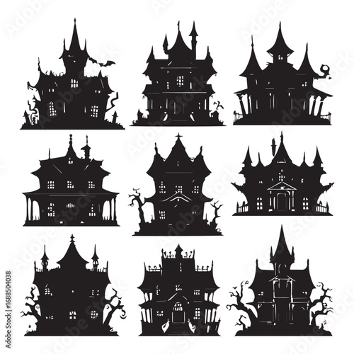 set of black various halloween hunted house vector silhouettes isolated on white background