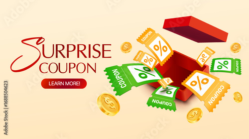 Surprise coupon promotion with red gift box, flying discount vouchers in green and yellow colors, percentage signs, and golden coins, isolated on light background. 3d gift card in vector illustration