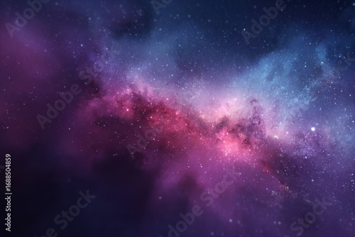 Vast expanse of space, swirling nebulae in deep purple, pink, and blue hues.  Millions of stars scattered throughout