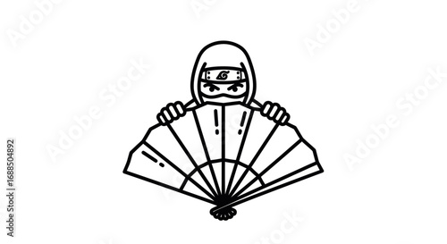 Minimalist black and white line art of a cartoon ninja peeking over a Japanese hand fan.